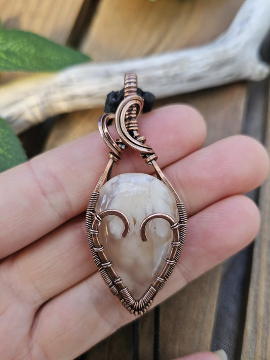 Flower Agate and Copper Heart Necklace