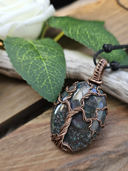 Indian Agate and Copper Tree of Life Necklace