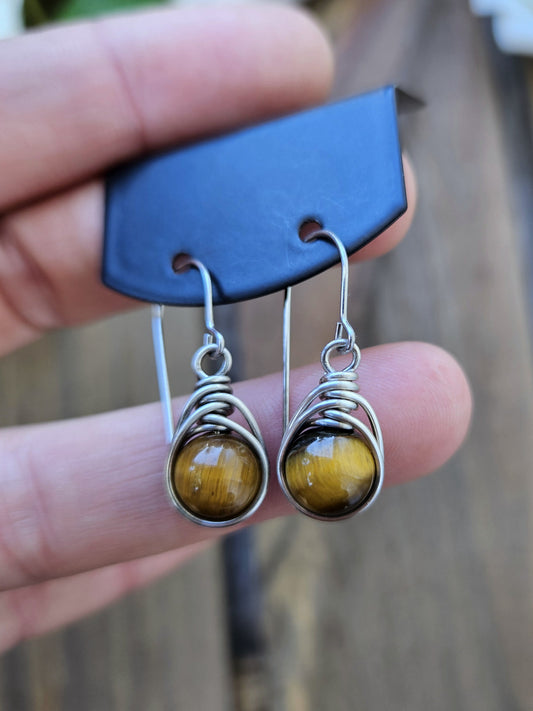 Silver 'Dew Drop' Earrings - Tigers Eye