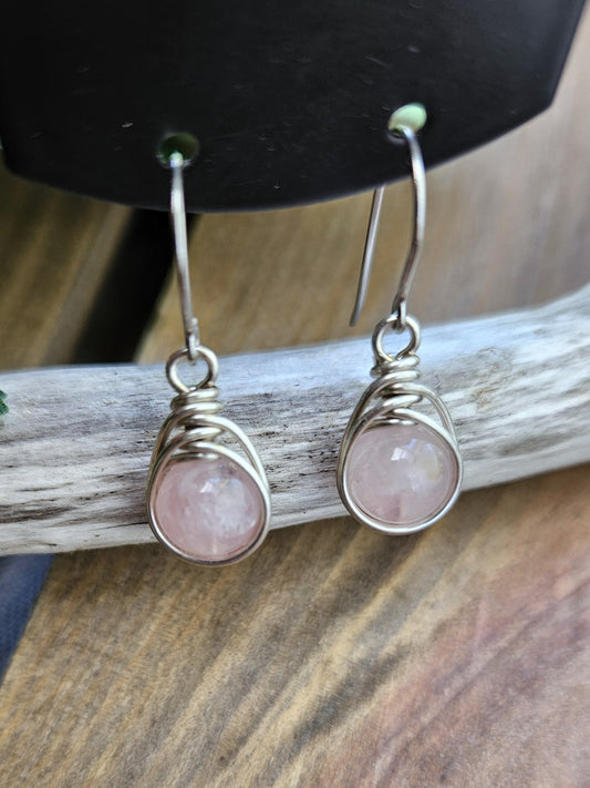 Silver 'Dew Drop' Earrings - Rose Quartz