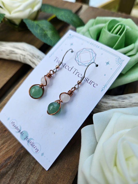 Copper 'Alchemy' Earrings - Rose Quartz & Green Aventurine