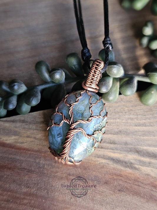 Moss Agate and Copper Tree Necklace