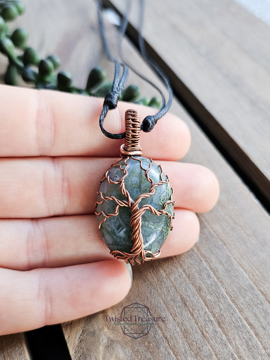 Moss Agate and Copper Tree Necklace
