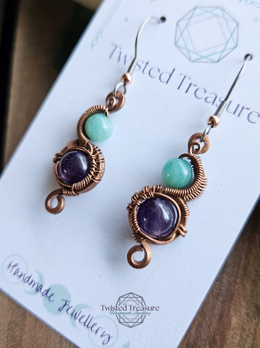 Copper 'Vortex' earrings - Amazonite & Amethyst