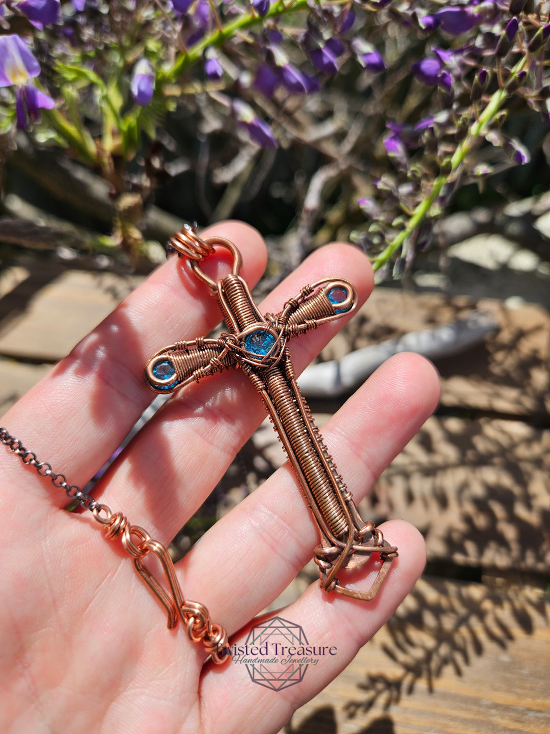 Aqua Cubic Zirconia & Copper Cross Necklace