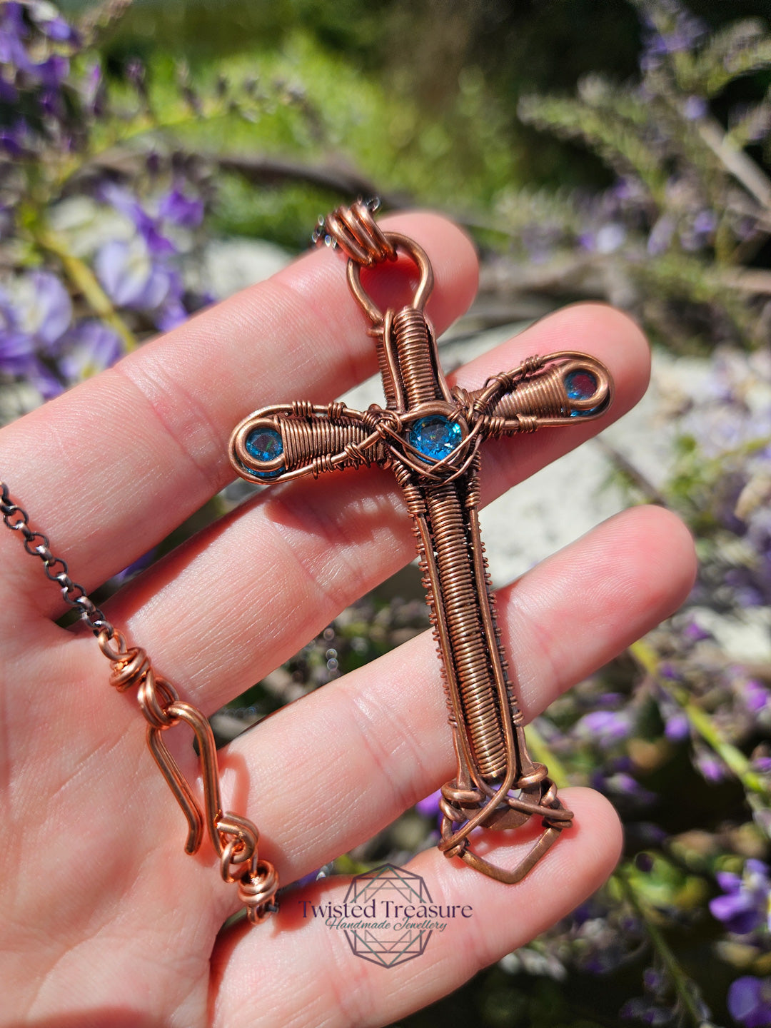 Aqua Cubic Zirconia & Copper Cross Necklace