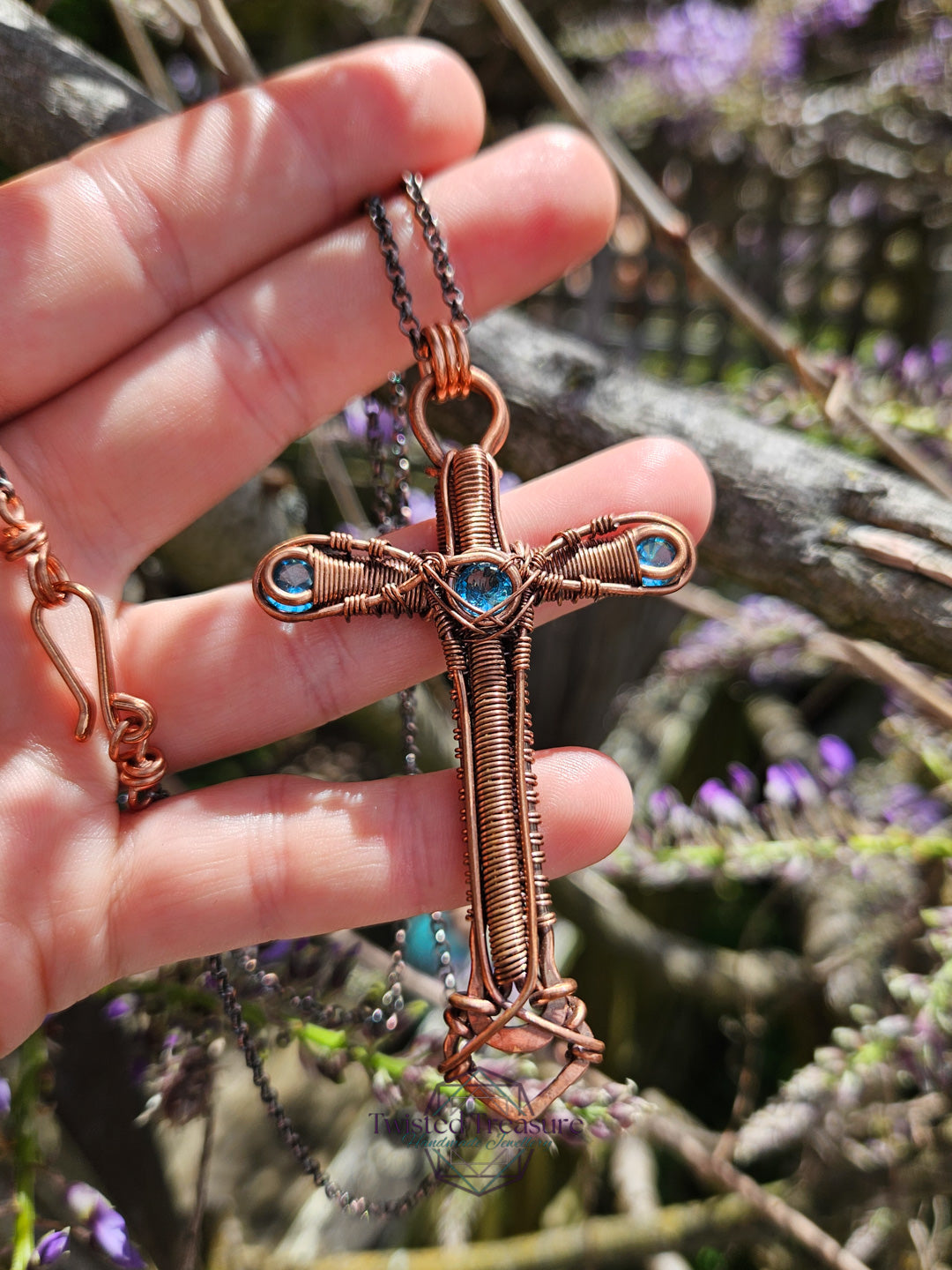 Aqua Cubic Zirconia & Copper Cross Necklace