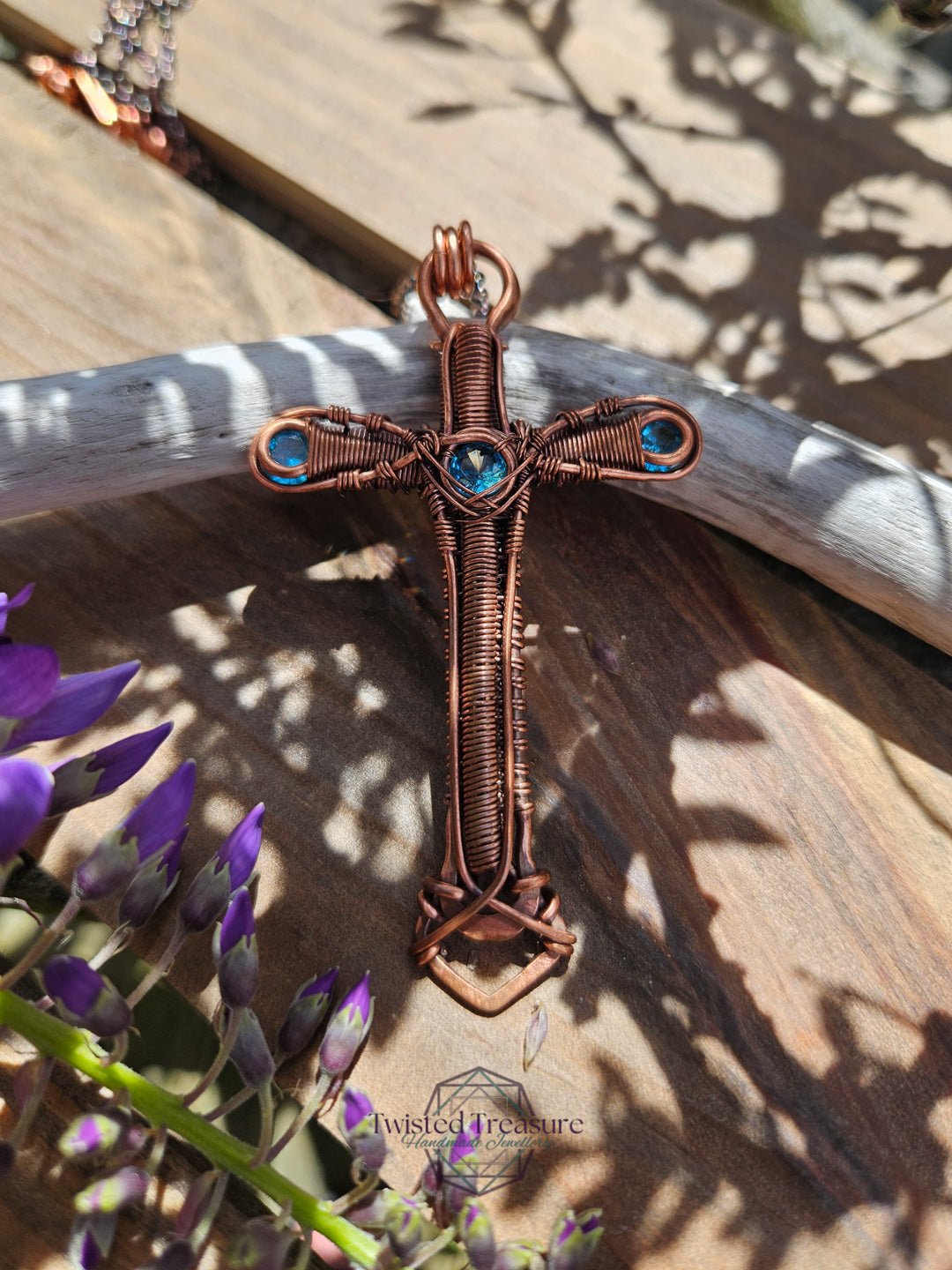 Aqua Cubic Zirconia & Copper Cross Necklace