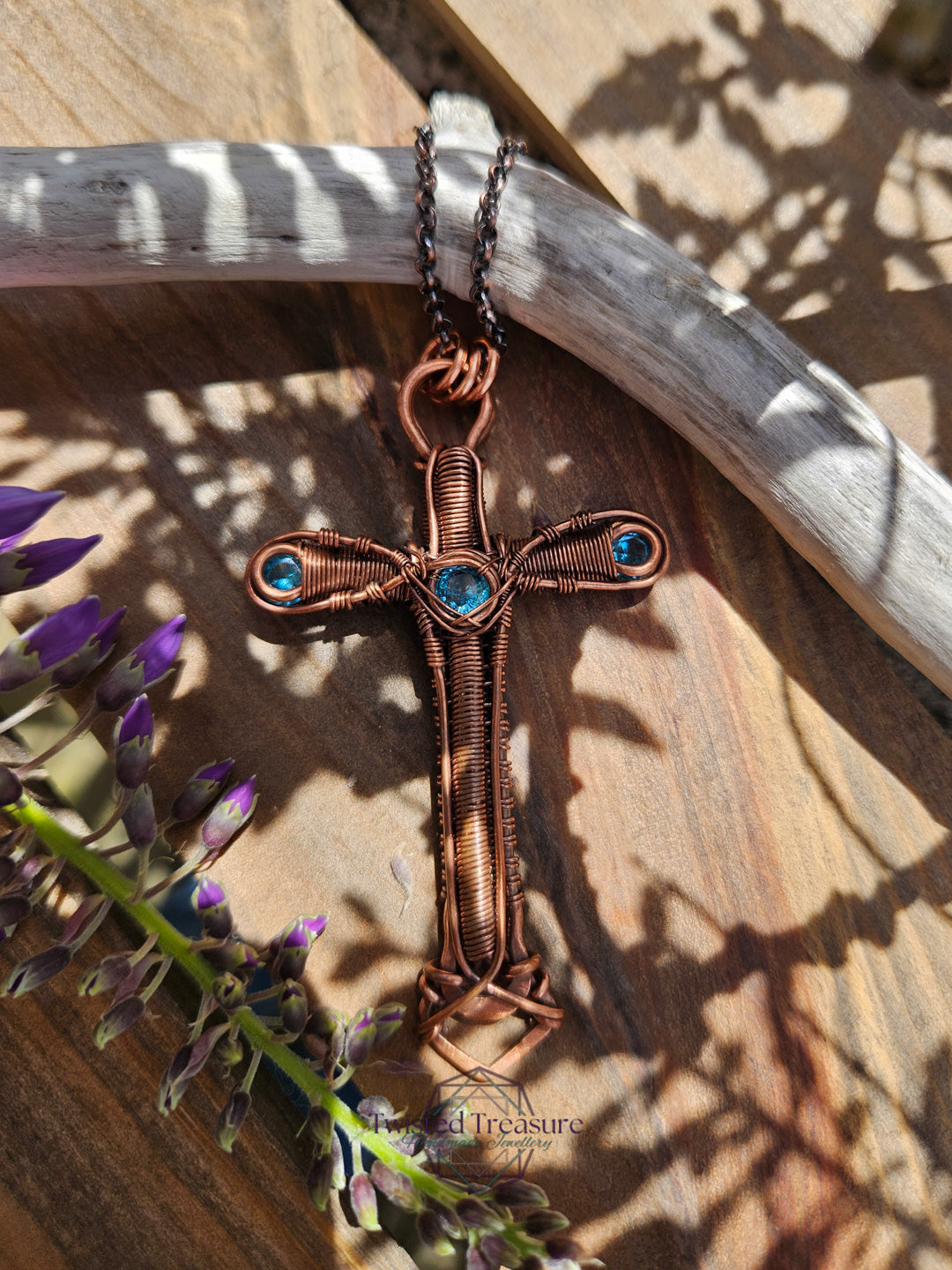 Aqua Cubic Zirconia & Copper Cross Necklace