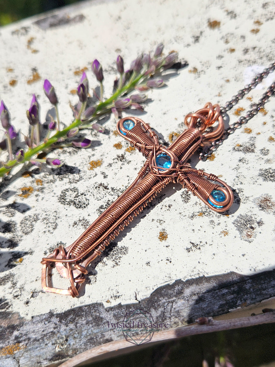 Aqua Cubic Zirconia & Copper Cross Necklace