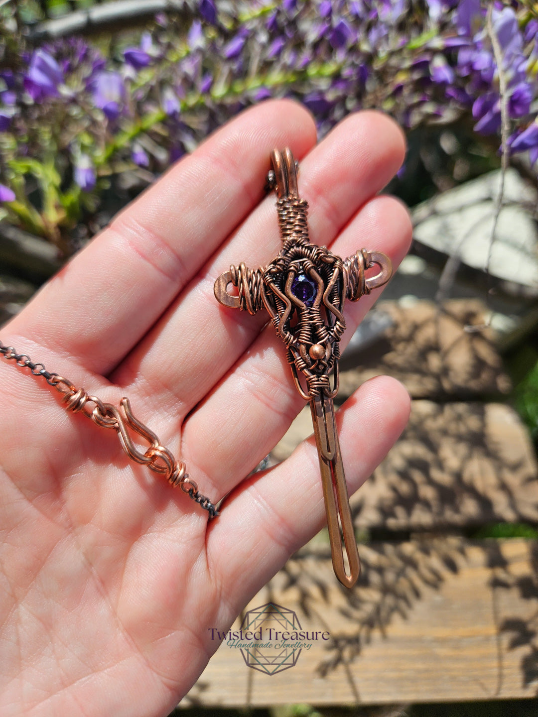 Purple Cubic Zirconia & Copper Sword Necklace