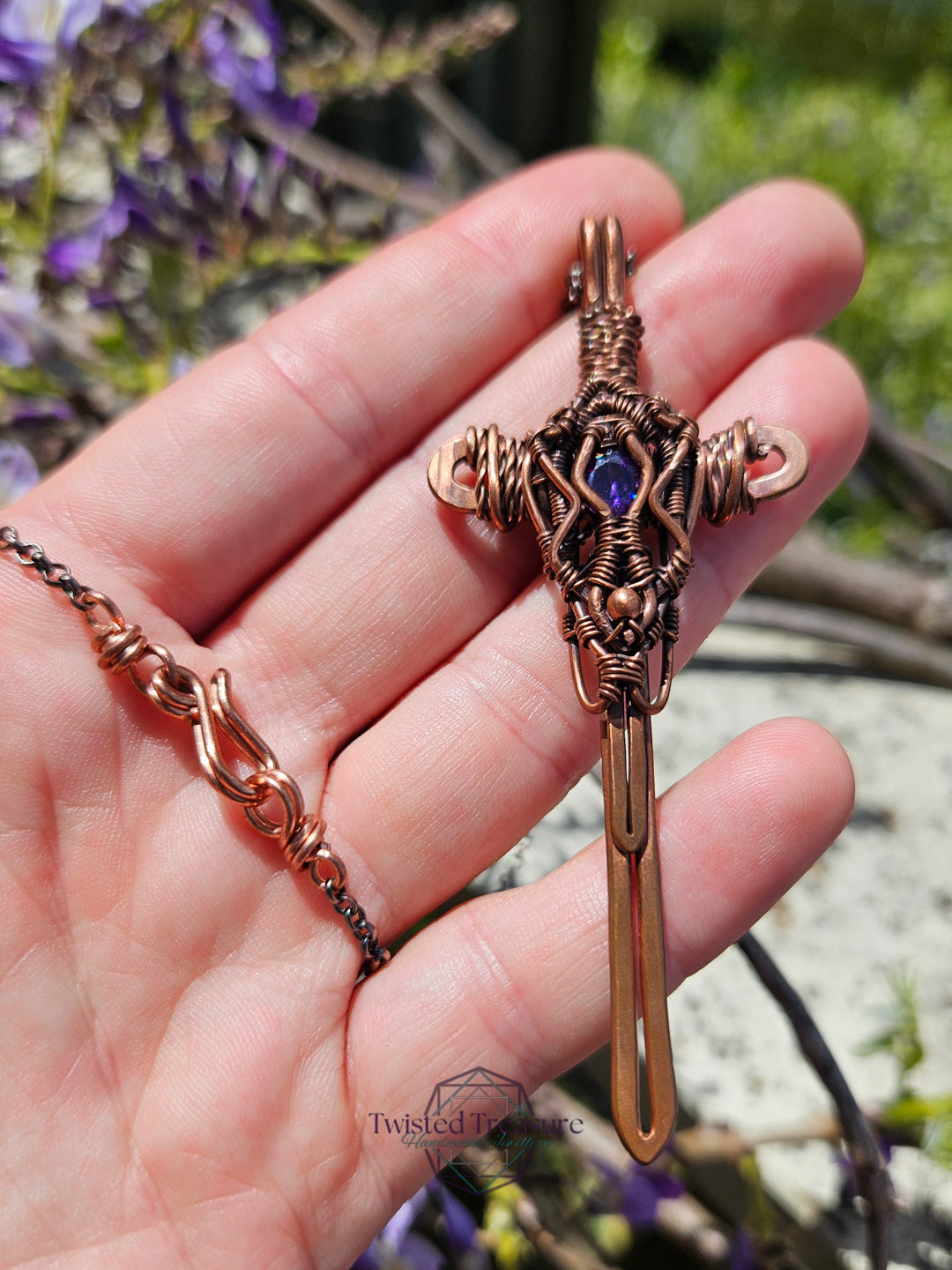 Purple Cubic Zirconia & Copper Sword Necklace