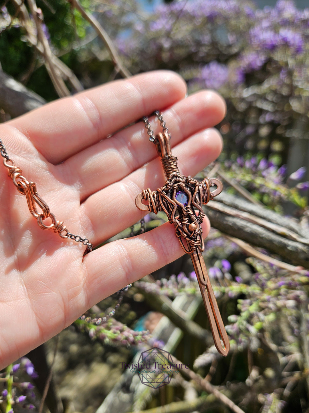 Purple Cubic Zirconia & Copper Sword Necklace