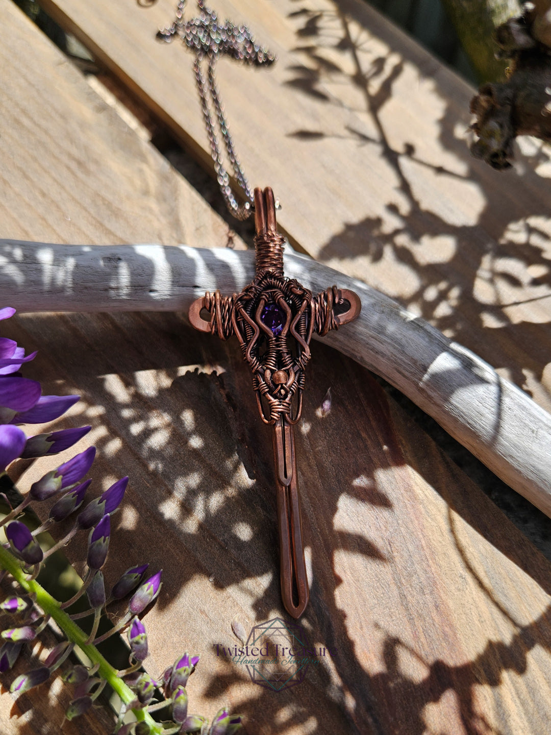 Purple Cubic Zirconia & Copper Sword Necklace