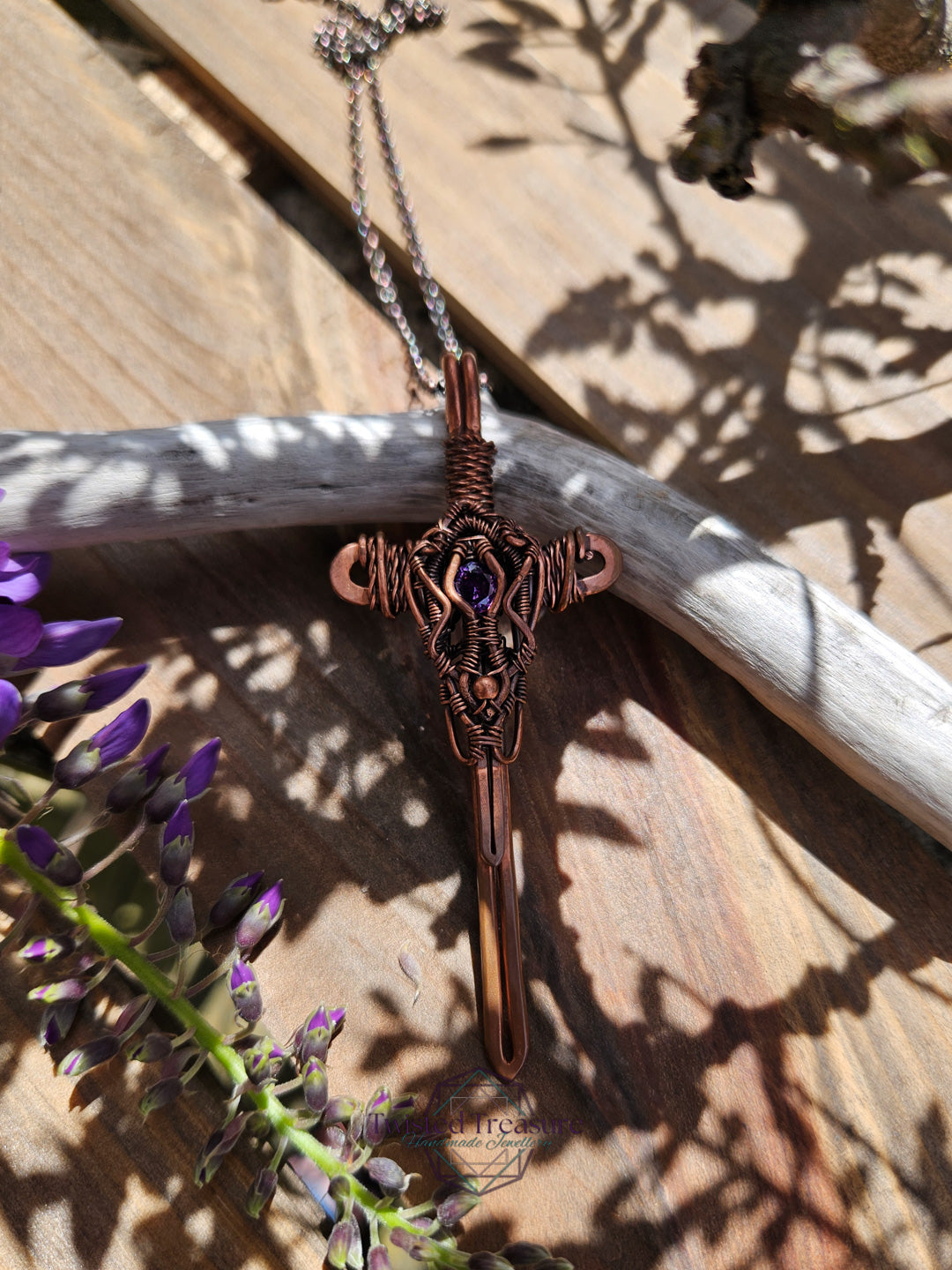 Purple Cubic Zirconia & Copper Sword Necklace