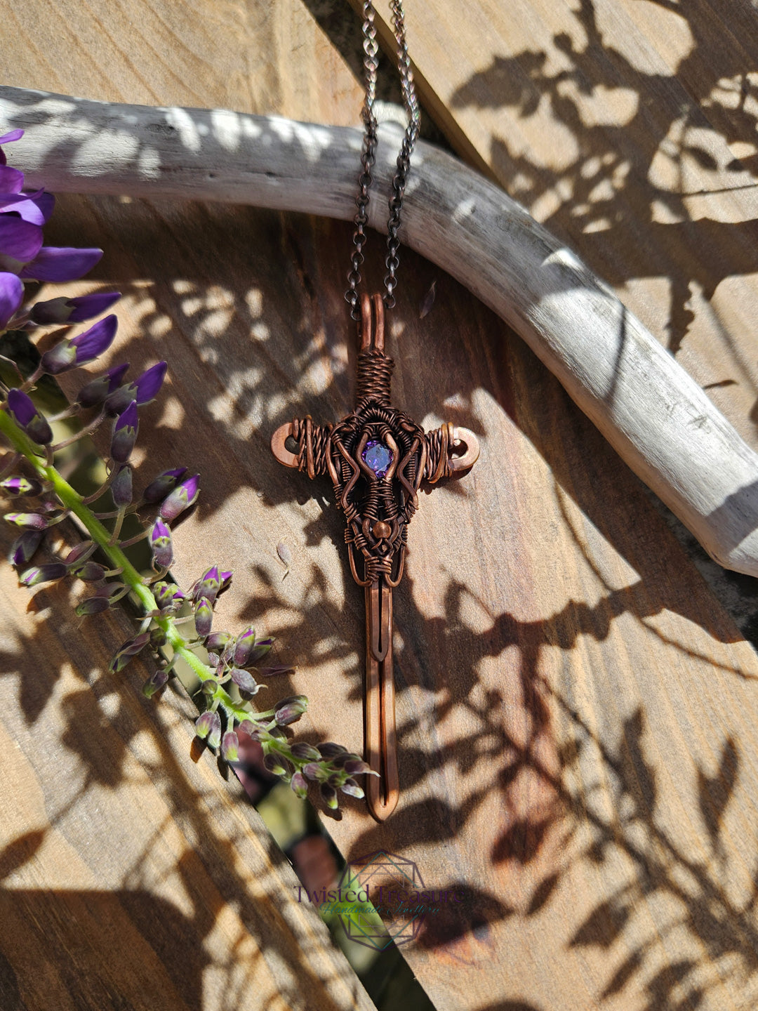 Purple Cubic Zirconia & Copper Sword Necklace
