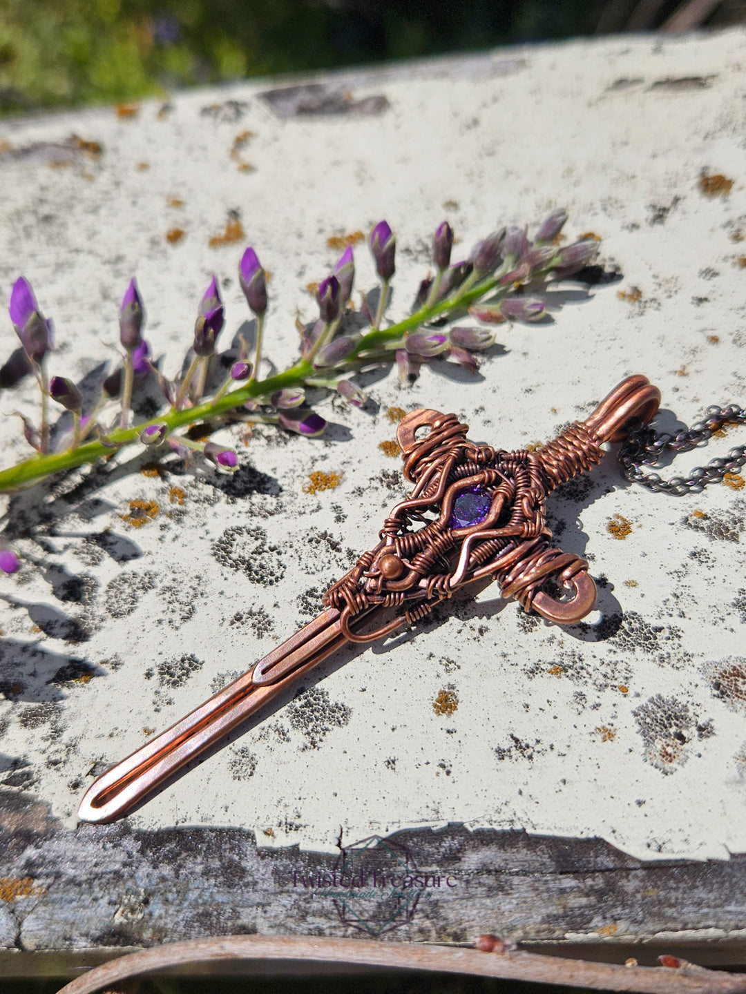 Purple Cubic Zirconia & Copper Sword Necklace