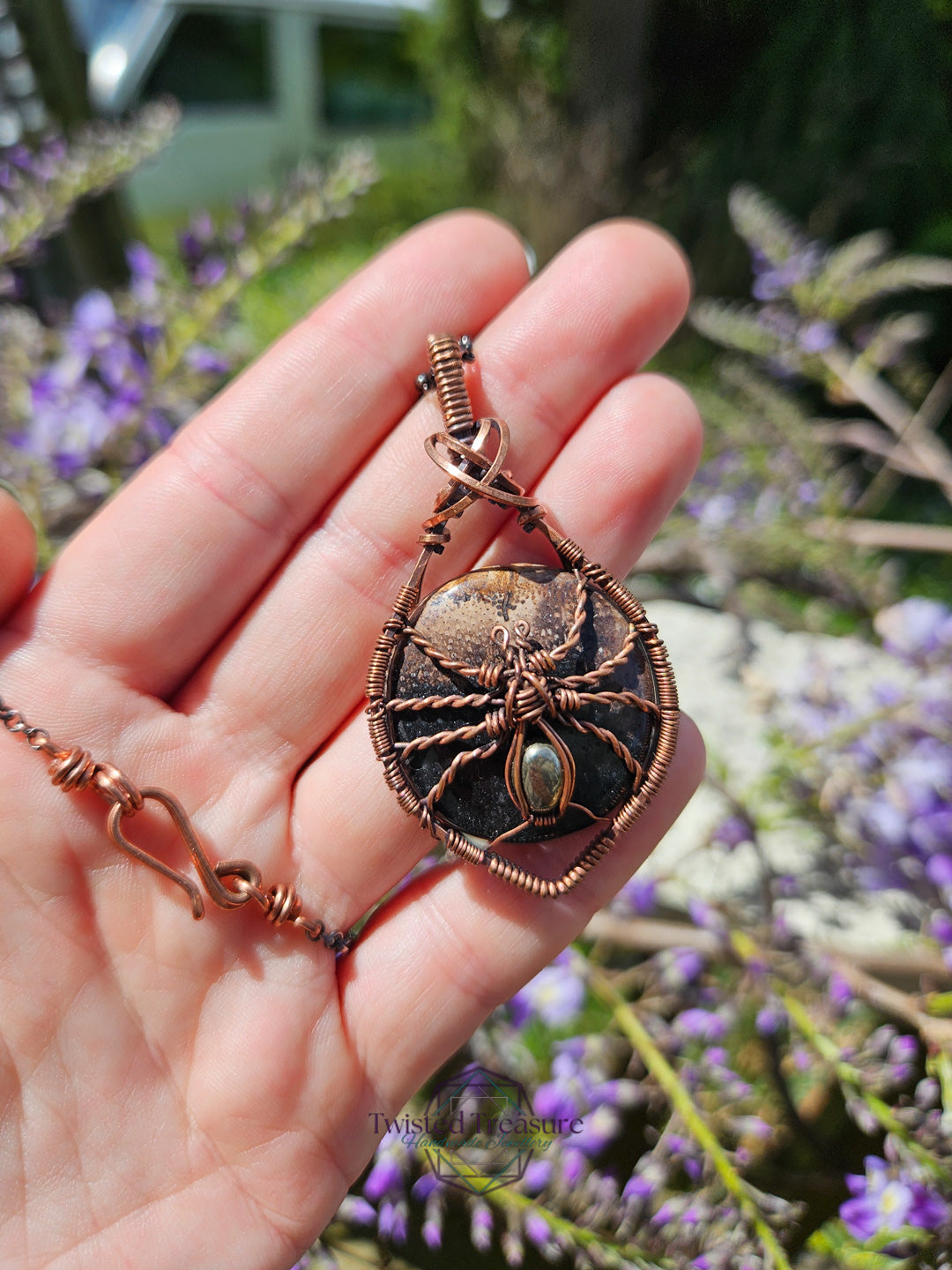 Fossilized Palm Root, Pyrite and Copper Spider Necklace
