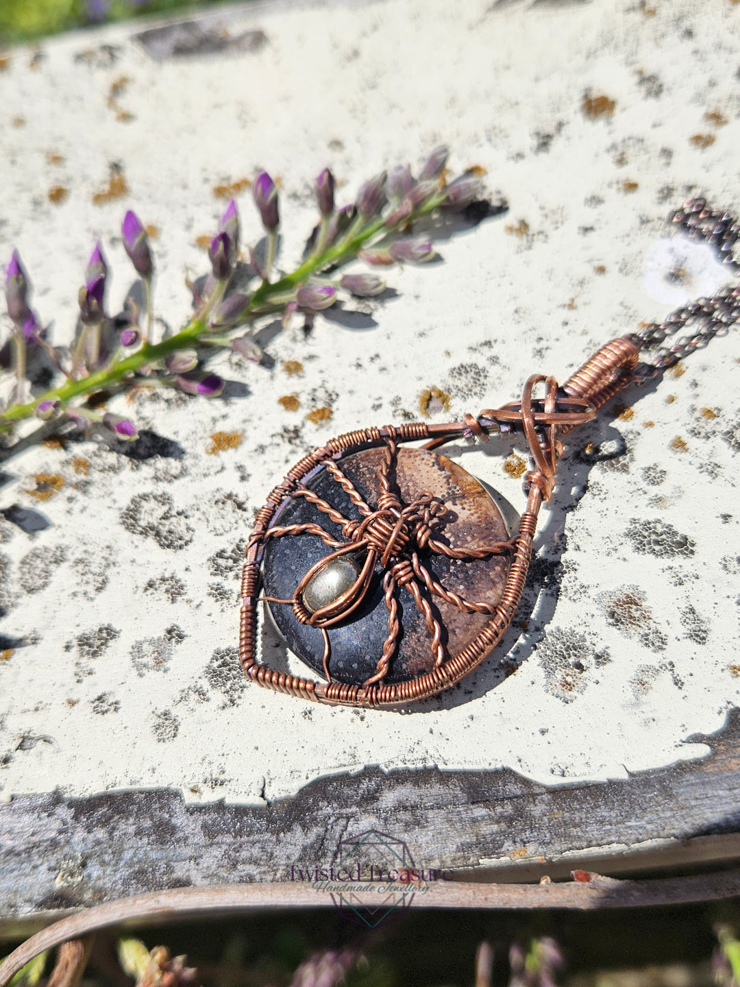 Fossilized Palm Root, Pyrite and Copper Spider Necklace