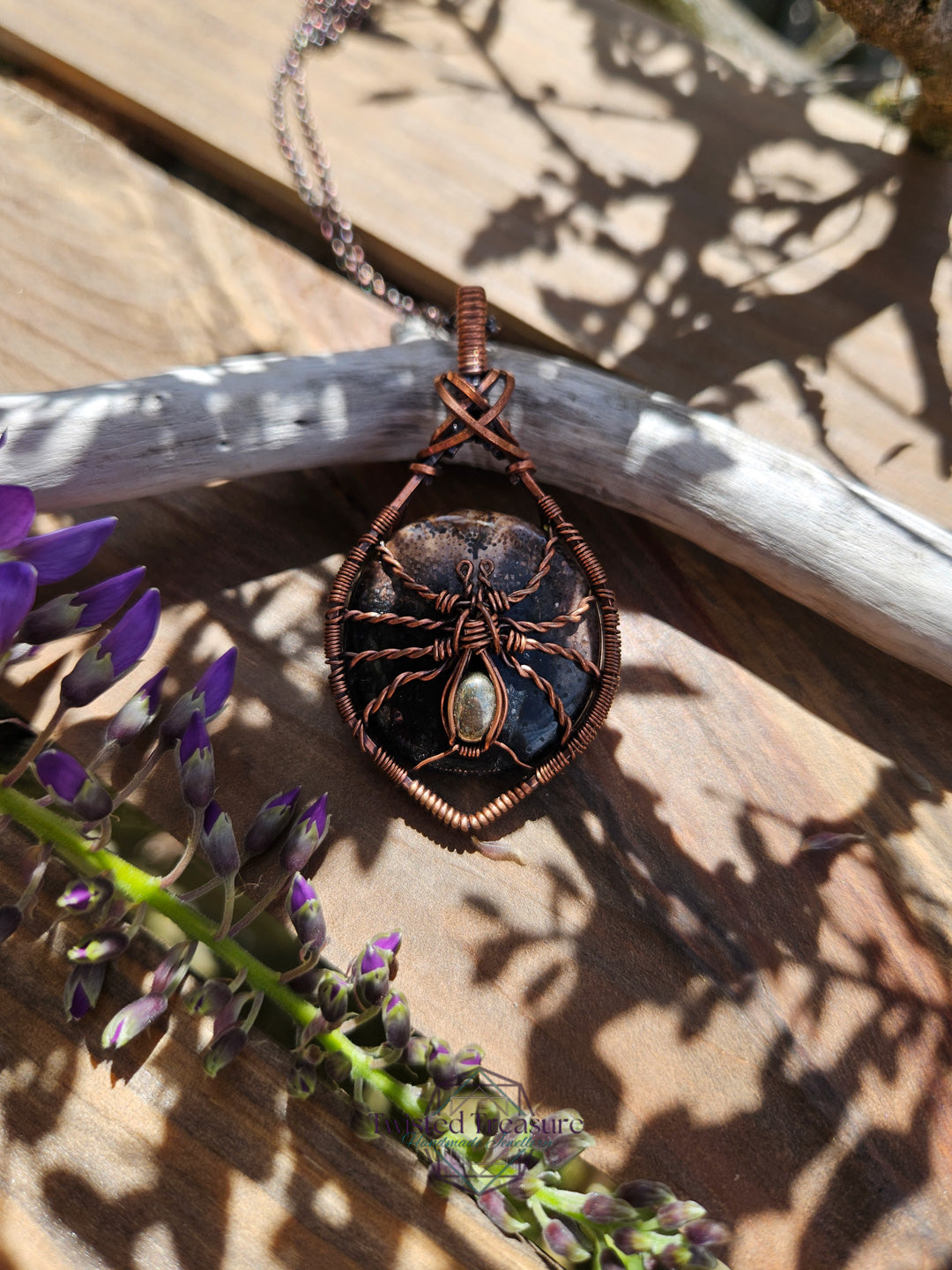 Fossilized Palm Root, Pyrite and Copper Spider Necklace