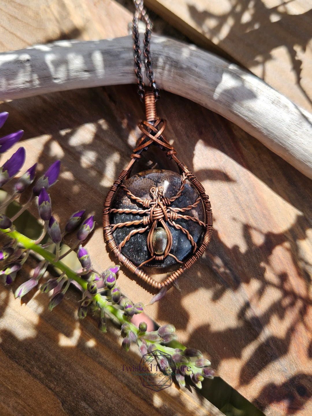 Fossilized Palm Root, Pyrite and Copper Spider Necklace