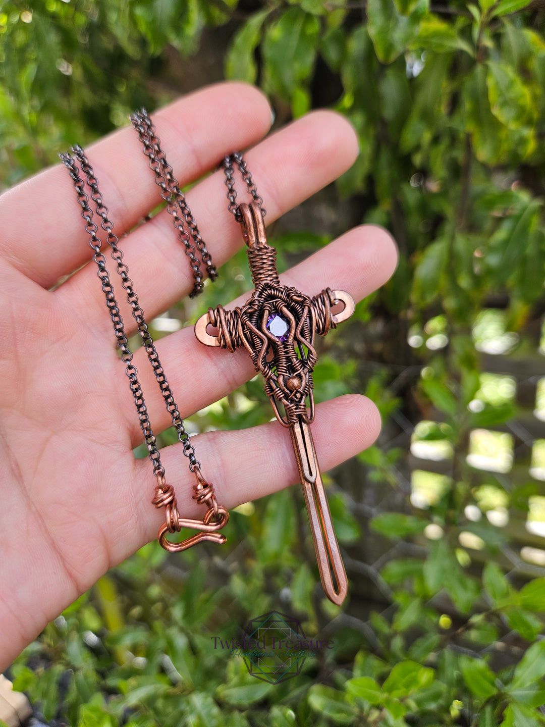 Purple Cubic Zirconia & Copper Sword Necklace