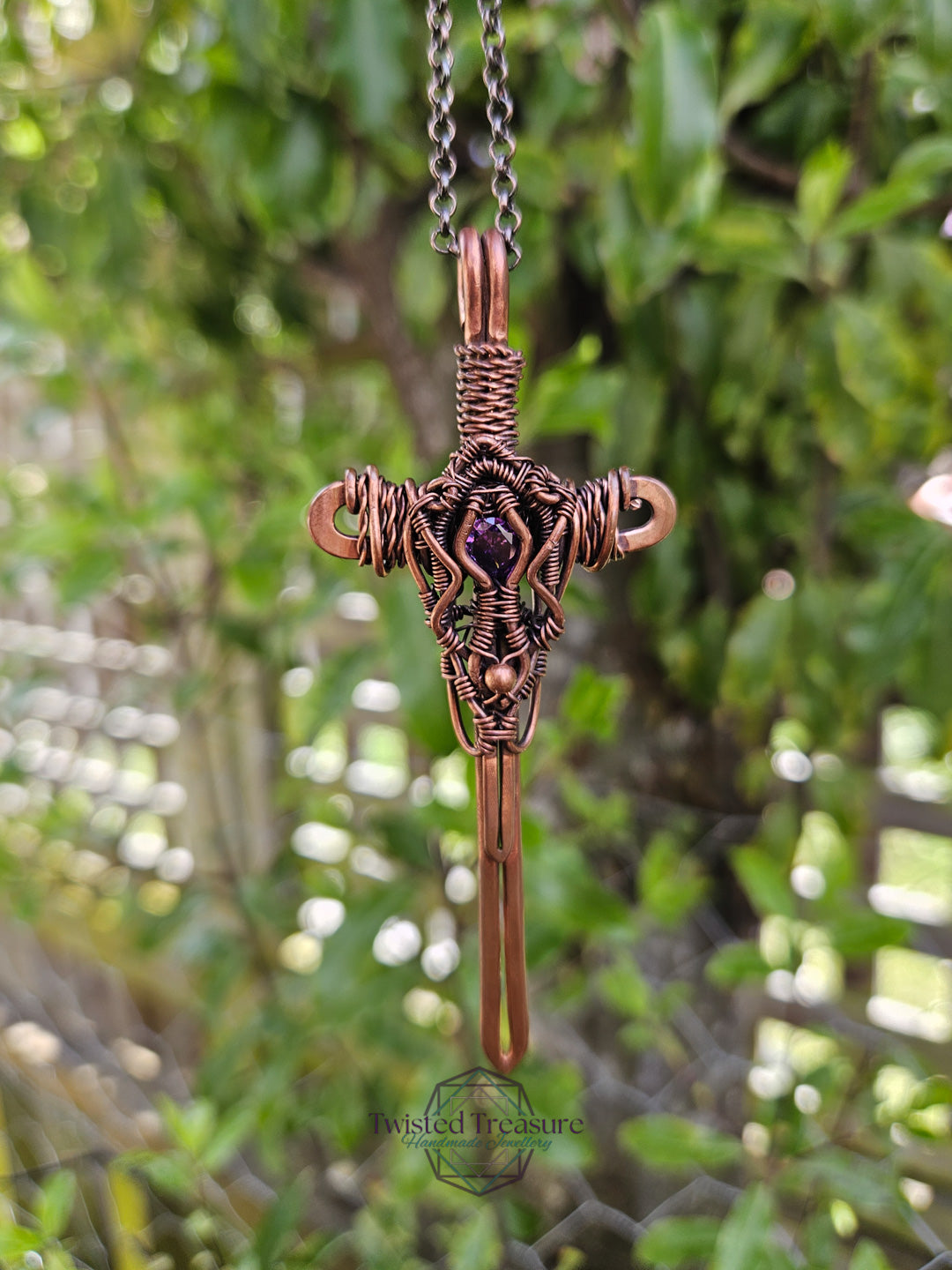 Purple Cubic Zirconia & Copper Sword Necklace