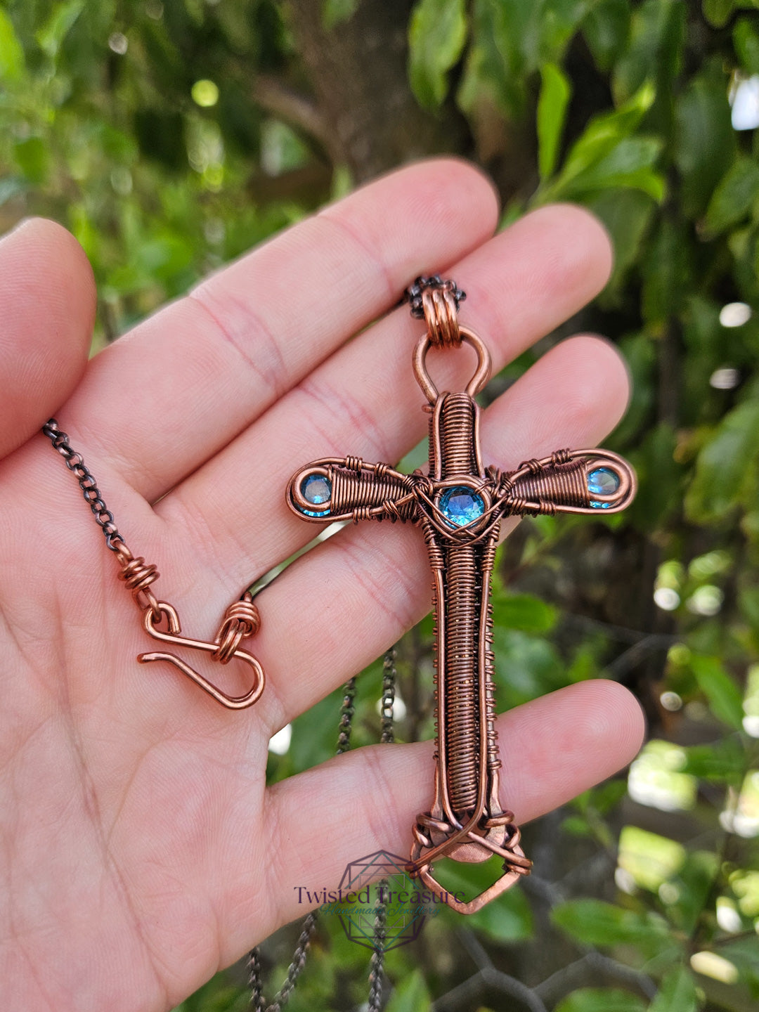 Aqua Cubic Zirconia & Copper Cross Necklace