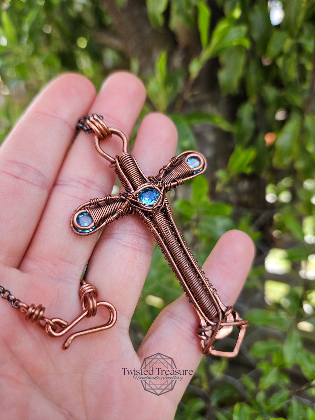 Aqua Cubic Zirconia & Copper Cross Necklace