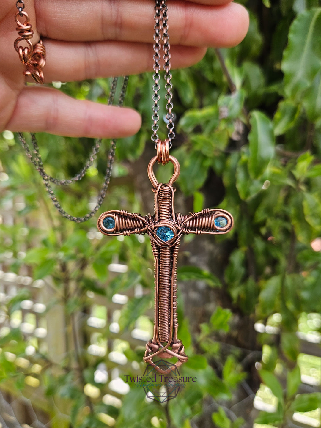 Aqua Cubic Zirconia & Copper Cross Necklace