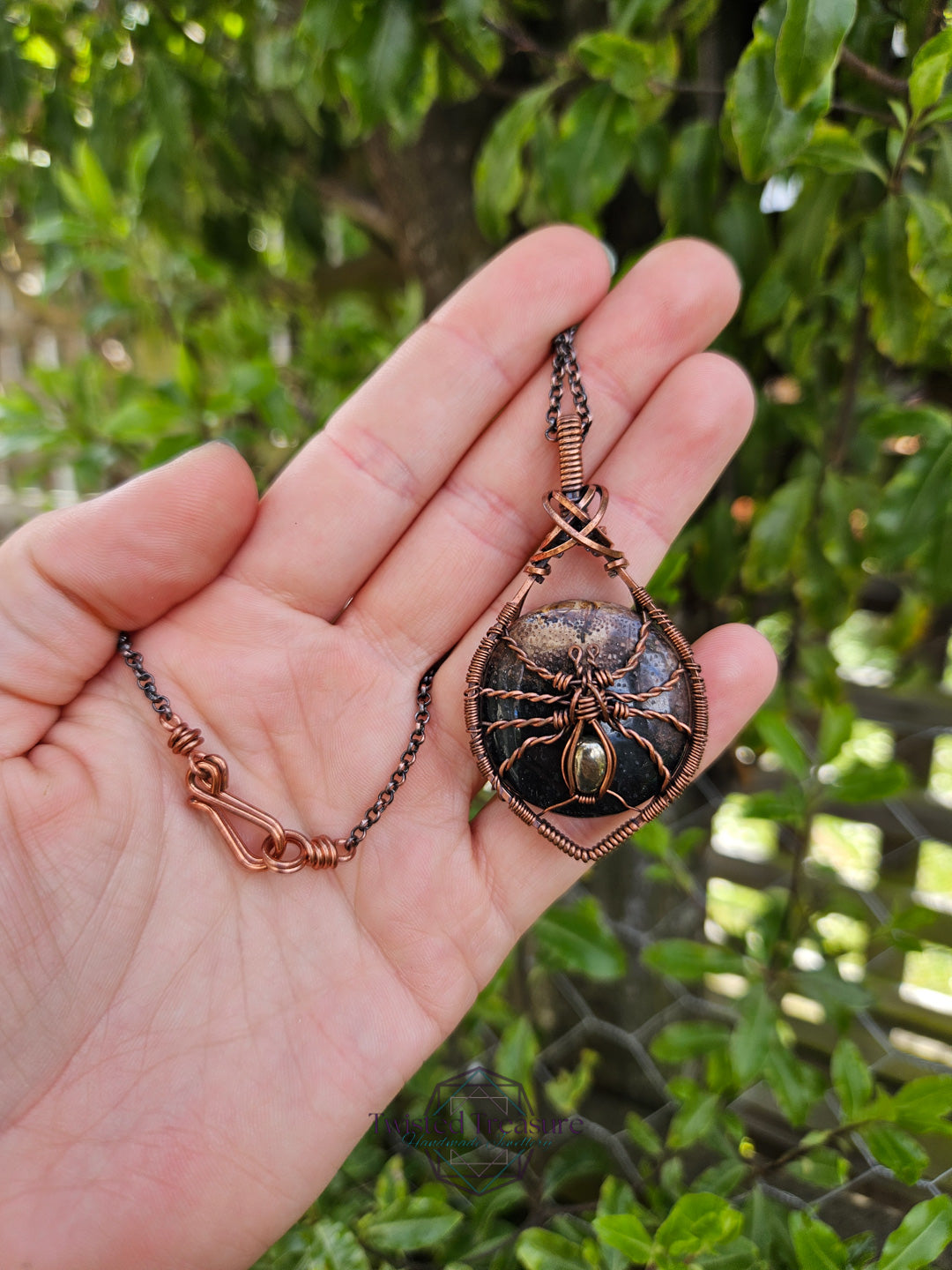 Fossilized Palm Root, Pyrite and Copper Spider Necklace