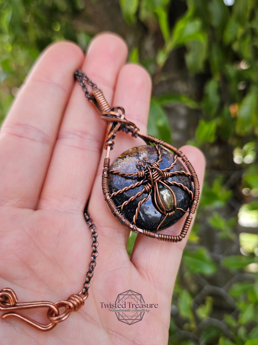 Fossilized Palm Root, Pyrite and Copper Spider Necklace