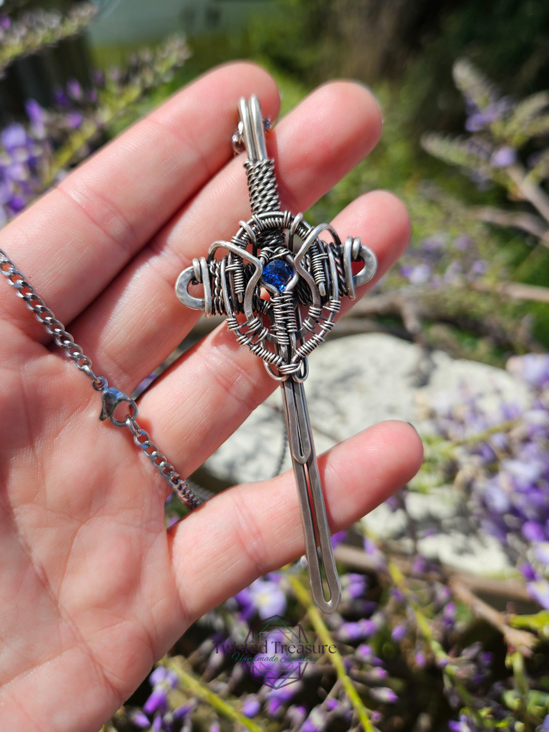 Blue Cubic Zirconia & Sterling Silver Sword Necklace