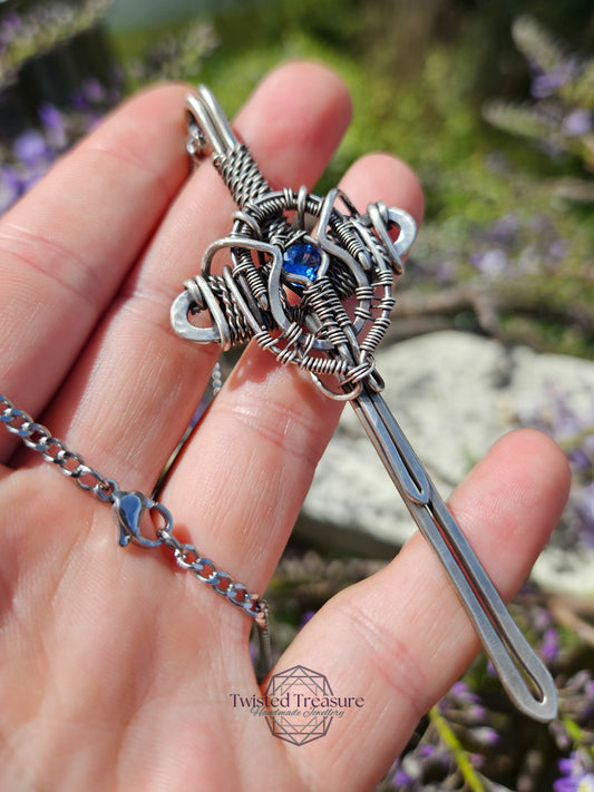 Blue Cubic Zirconia & Sterling Silver Sword Necklace