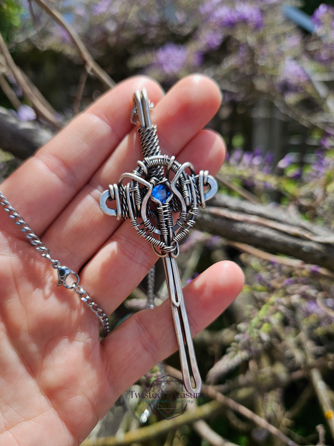 Blue Cubic Zirconia & Sterling Silver Sword Necklace