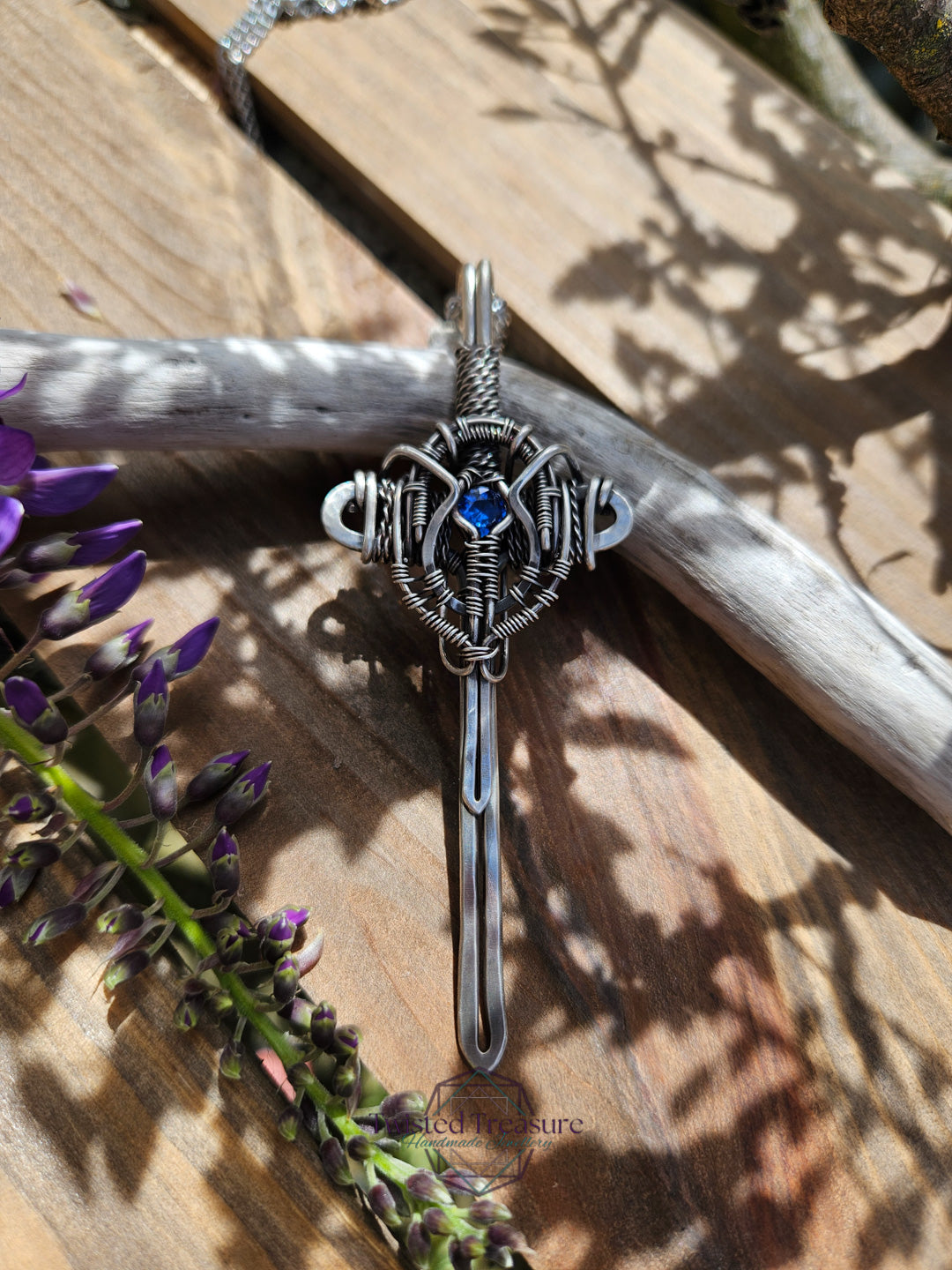 Blue Cubic Zirconia & Sterling Silver Sword Necklace