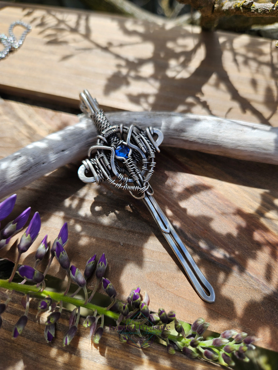 Blue Cubic Zirconia & Sterling Silver Sword Necklace