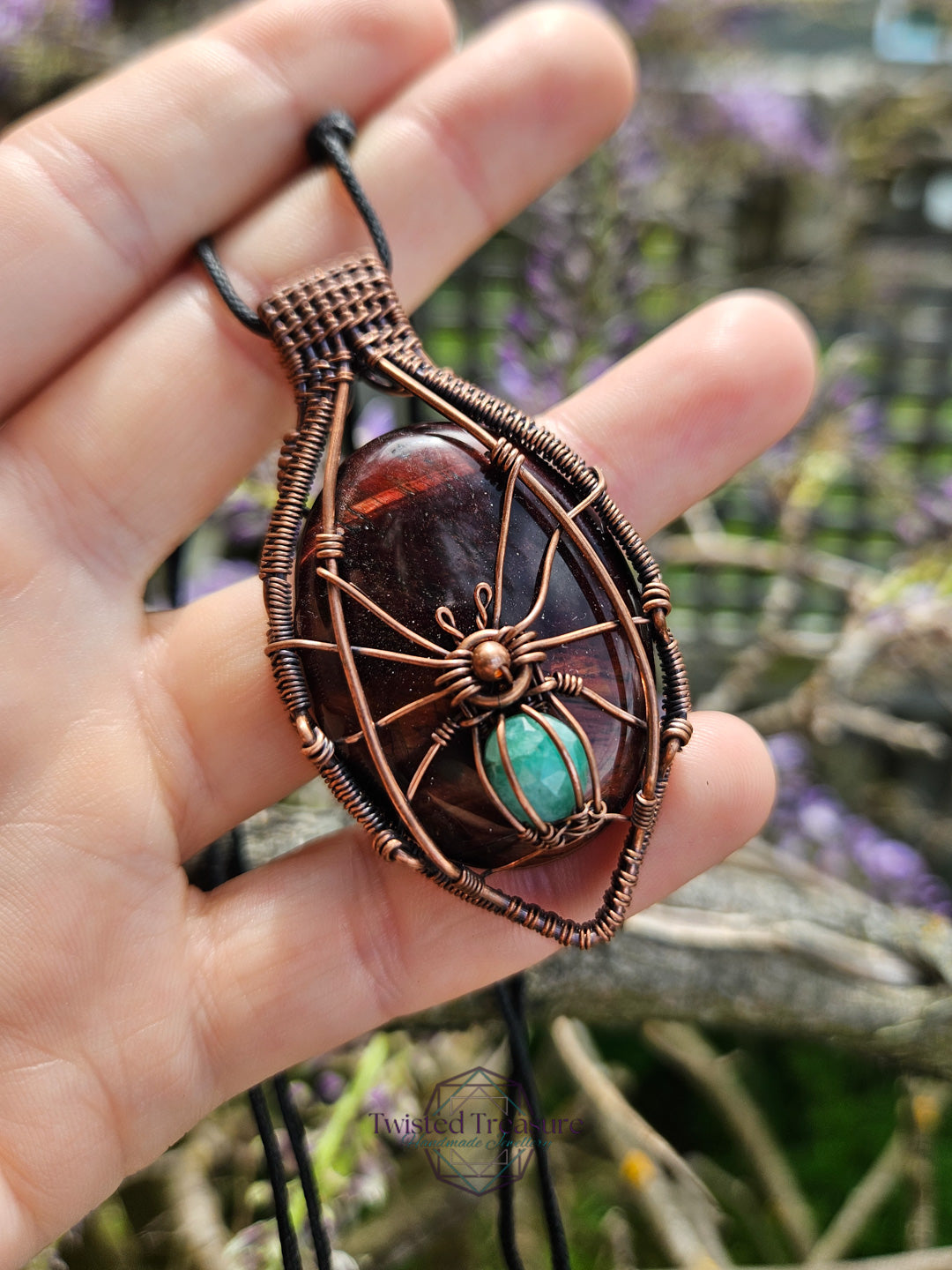 Red Tigers Eye, Emerald and Copper Spider Necklace