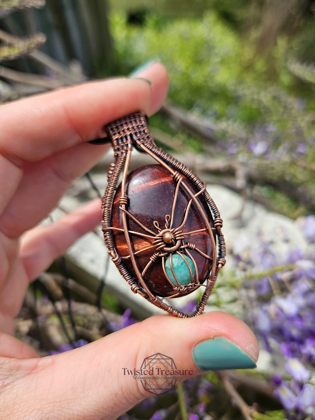 Red Tigers Eye, Emerald and Copper Spider Necklace