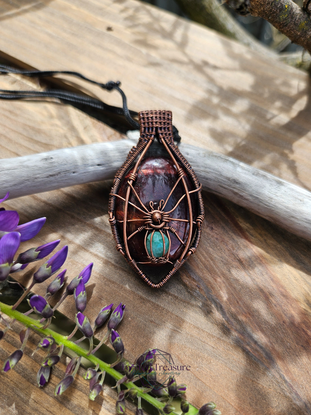 Red Tigers Eye, Emerald and Copper Spider Necklace