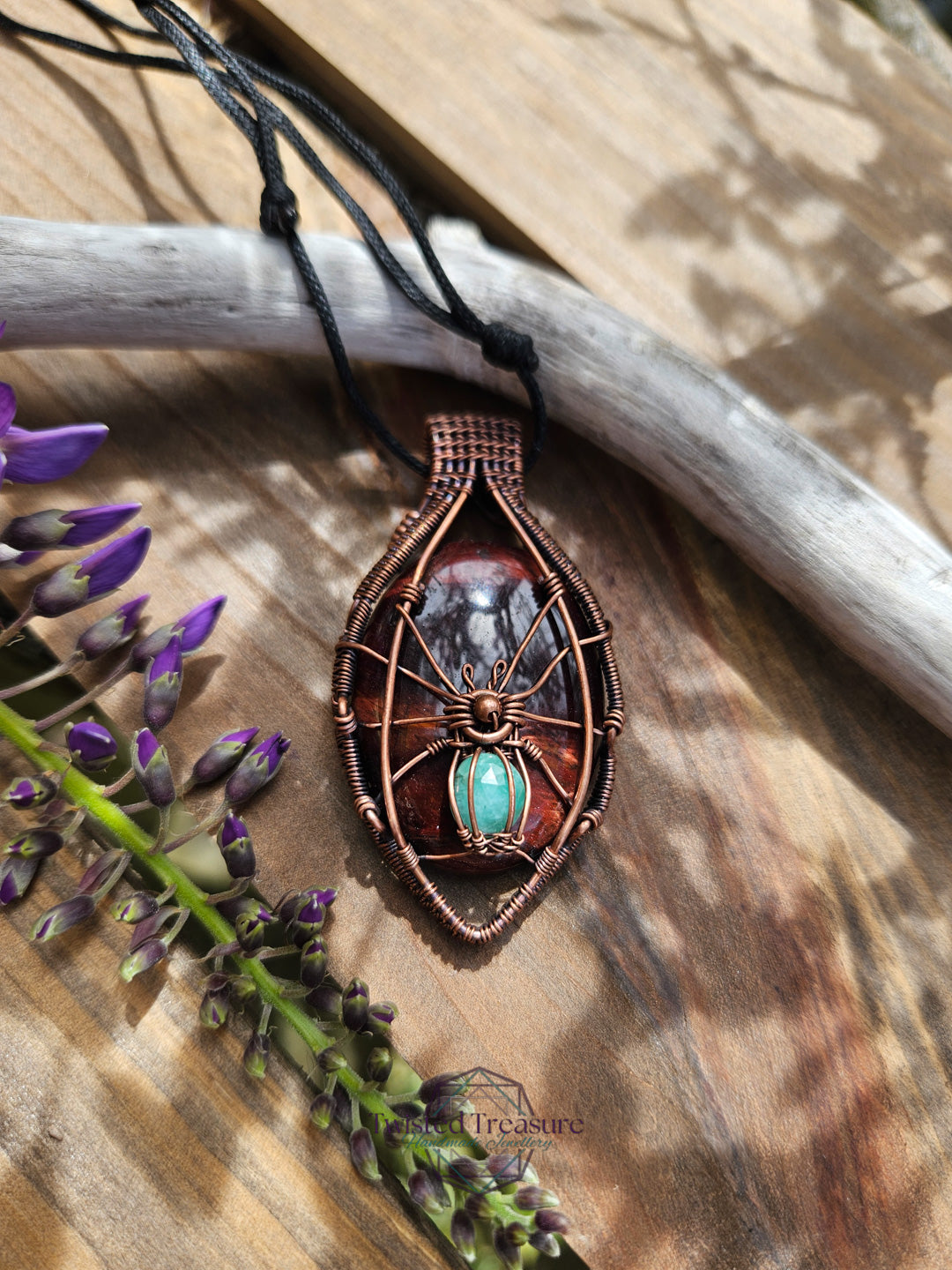 Red Tigers Eye, Emerald and Copper Spider Necklace