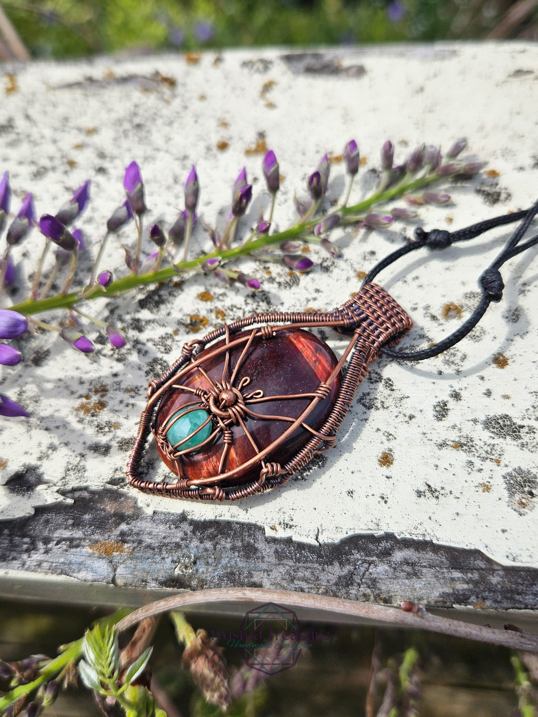 Red Tigers Eye, Emerald and Copper Spider Necklace