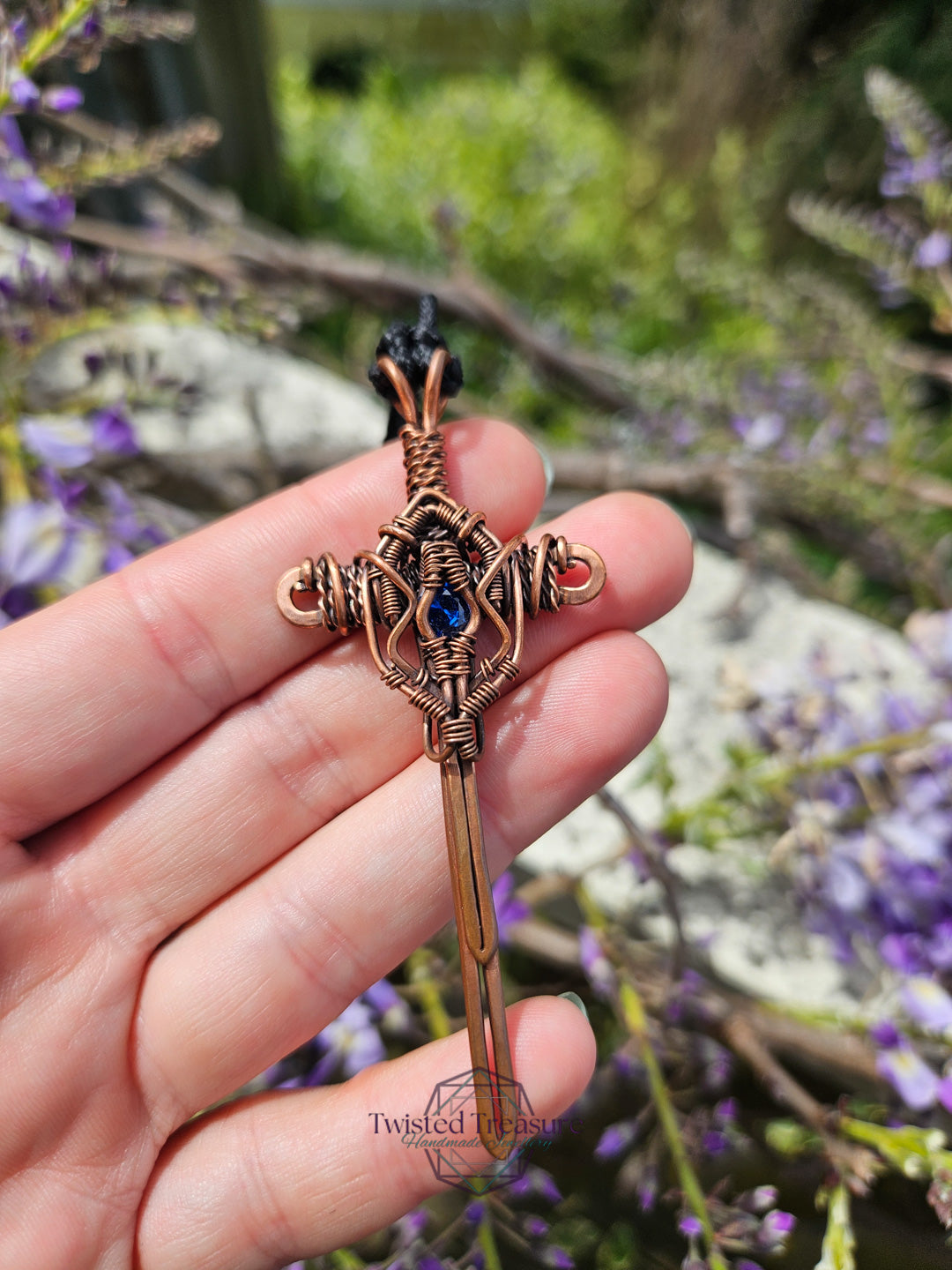 Blue Cubic Zirconia & Copper Sword Necklace