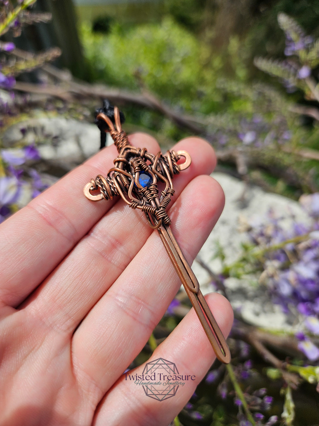 Blue Cubic Zirconia & Copper Sword Necklace