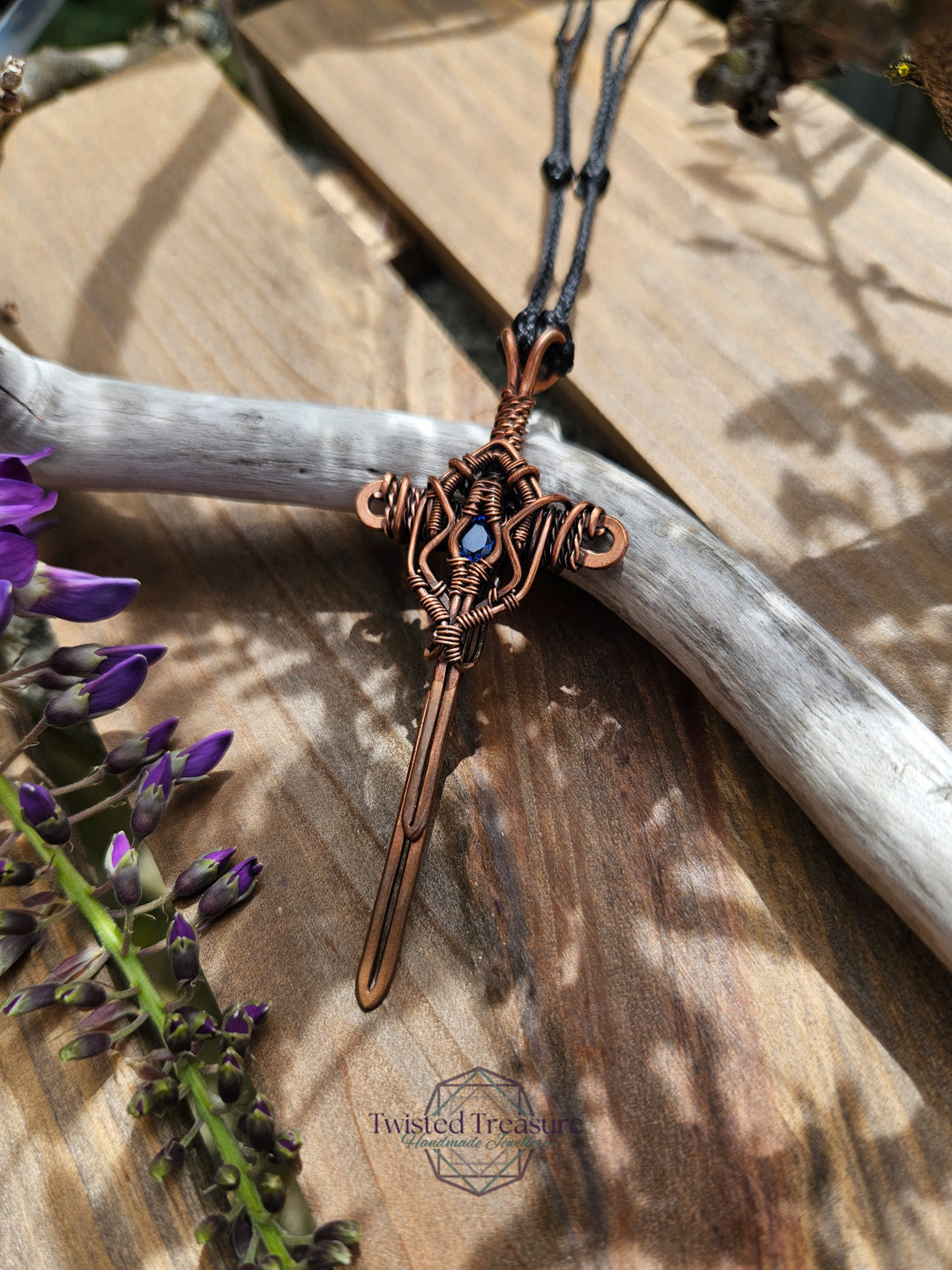 Blue Cubic Zirconia & Copper Sword Necklace