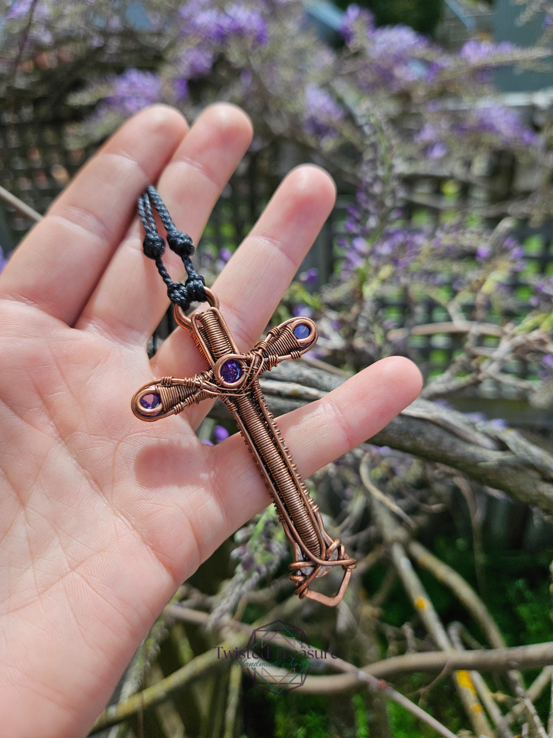 Purple Cubic Zirconia & Copper Cross Necklace