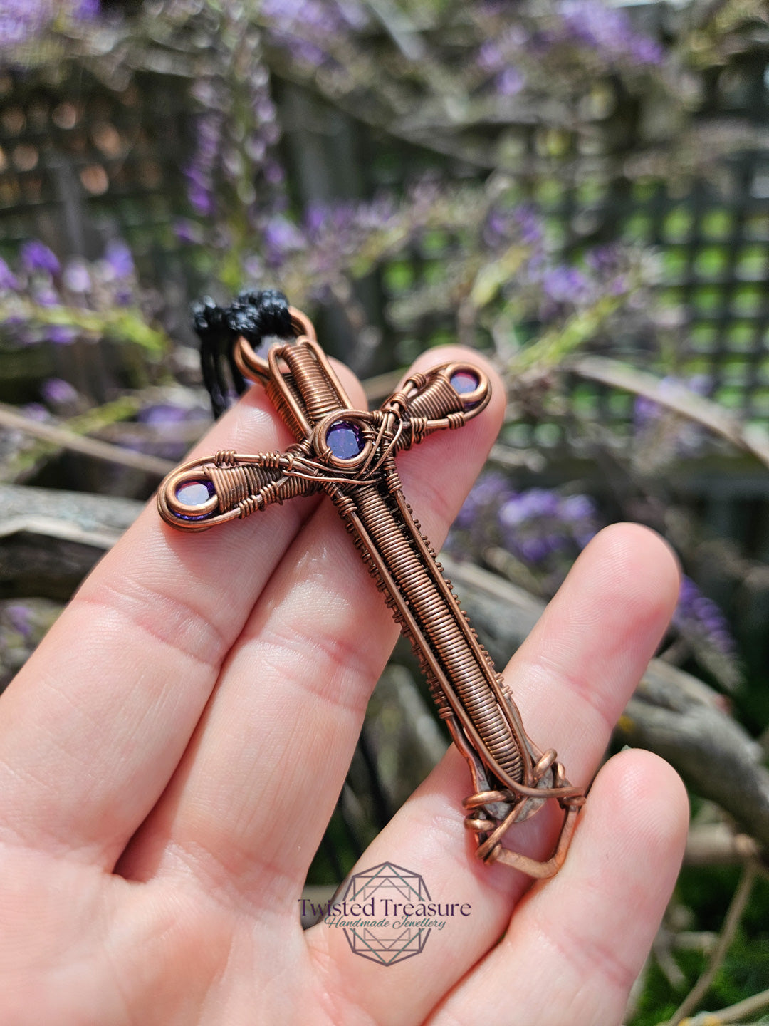 Purple Cubic Zirconia & Copper Cross Necklace