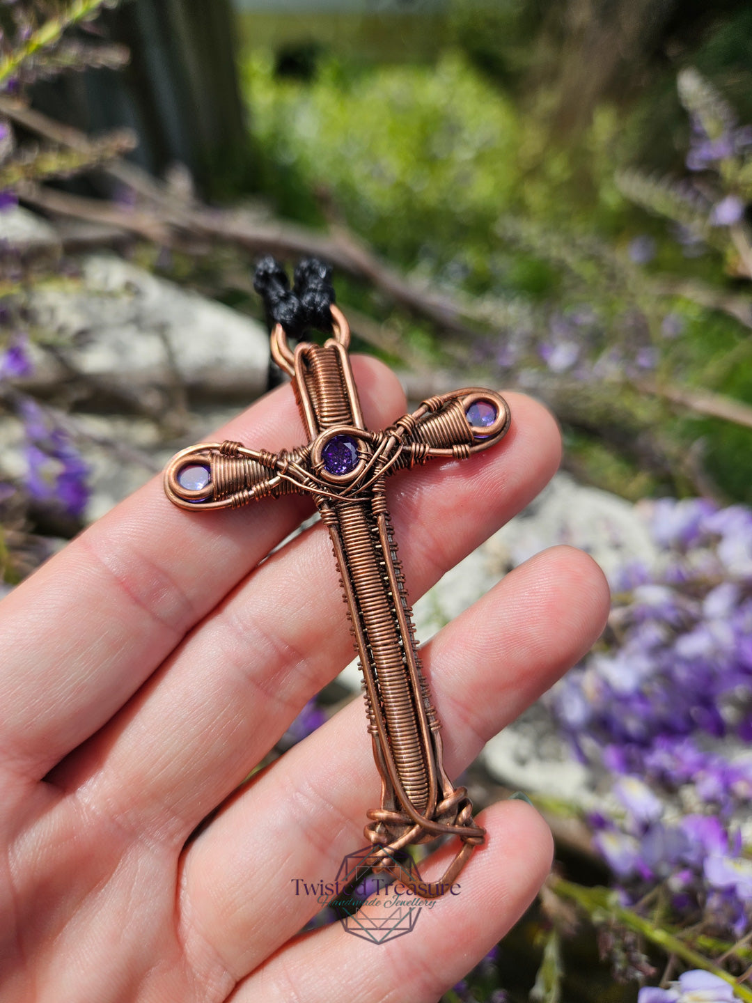 Purple Cubic Zirconia & Copper Cross Necklace