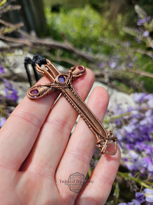 Purple Cubic Zirconia & Copper Cross Necklace