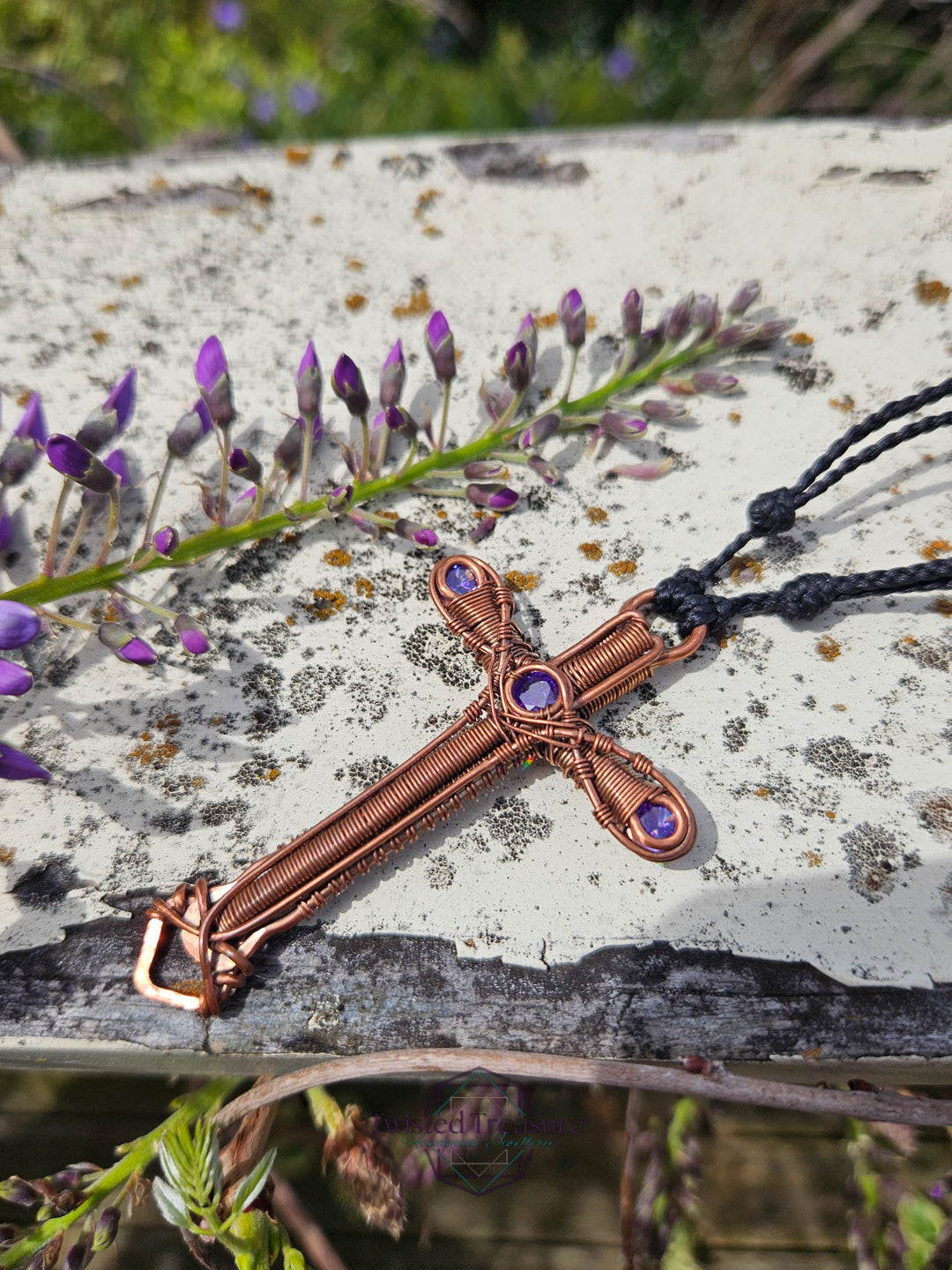 Purple Cubic Zirconia & Copper Cross Necklace